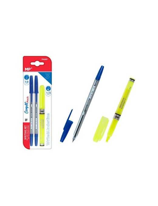 MP σετ στυλό & μαρκαδόρος υπογράμμισης PA661, μπλε & κίτρινο, 3τμχ