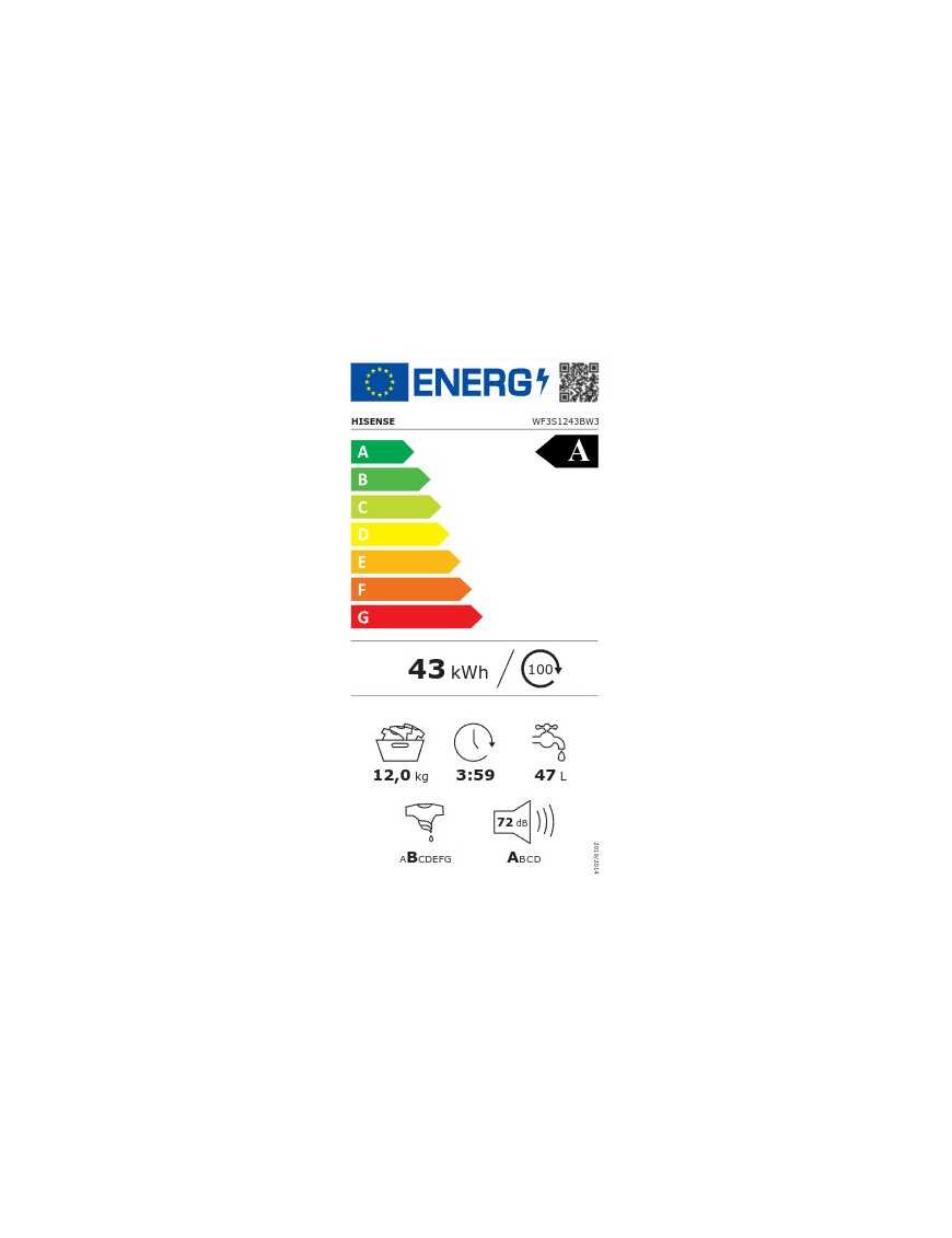 Hisense WF3S1243BW3 Πλυντήριο Ρούχων 12kg 1400 Στροφών