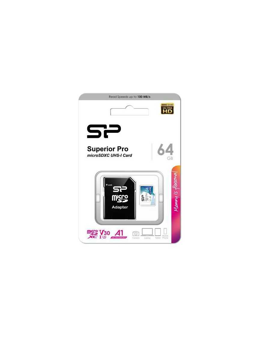 SILICON POWER κάρτα μνήμης microSDXC Superior Pro, 64GB, Class 10 UHS-I U3 A1 V30