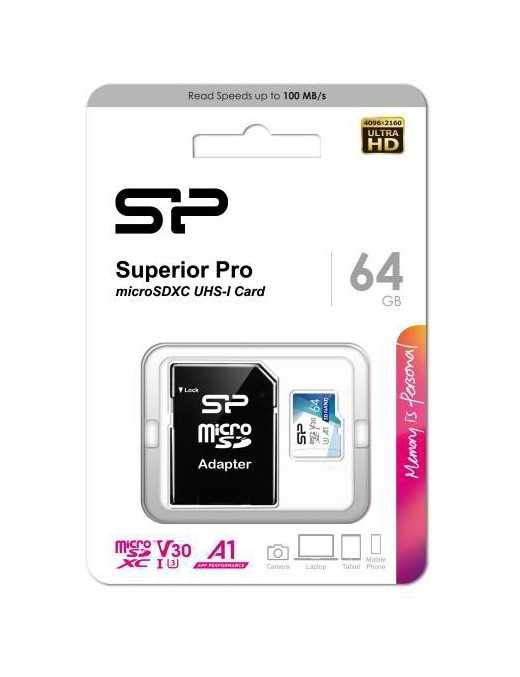 SILICON POWER κάρτα μνήμης microSDXC Superior Pro, 64GB, Class 10 UHS-I U3 A1 V30