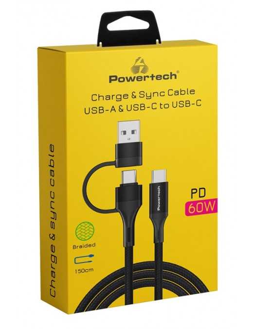 POWERTECH καλώδιο USB & USB-C σε USB-C PTR-0158, PD 60W, copper, 1.5m, μαύρο