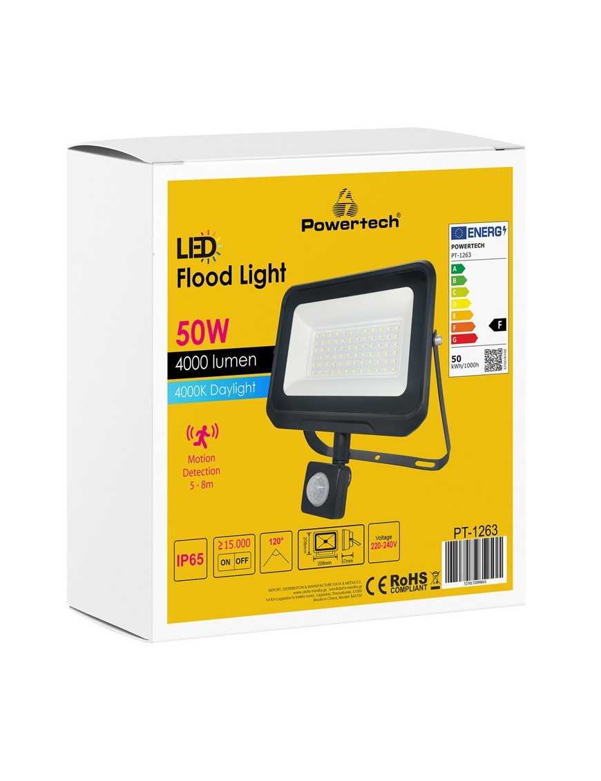 POWERTECH LED προβολέας PT-1263, με αισθητήρα κίνησης, 50W, 4000K, IP65