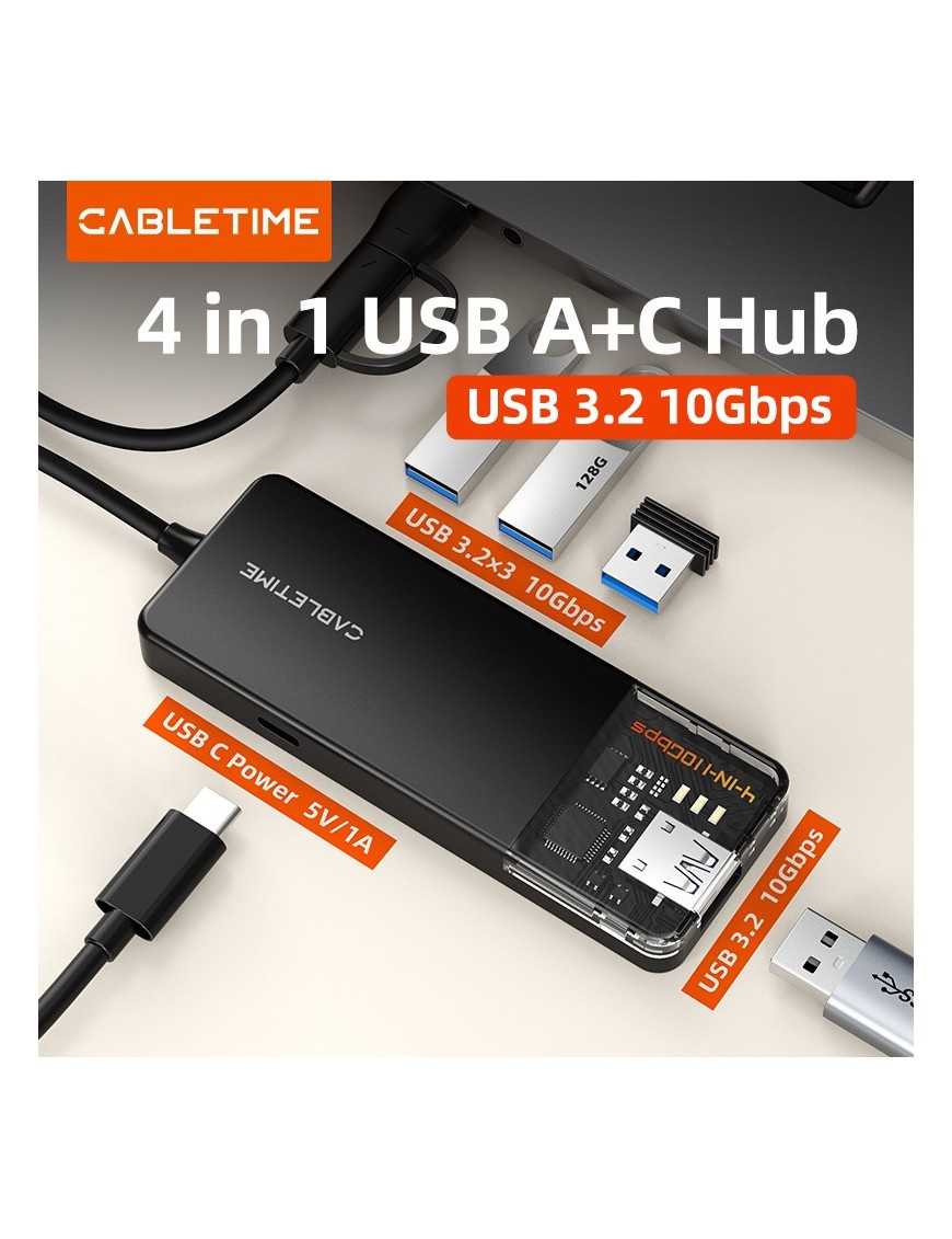 CABLETIME USB hub CT-HUBT5-PB, 4x θυρών, 10Gbps, USB/USB-C σύνδεση, μαύρο
