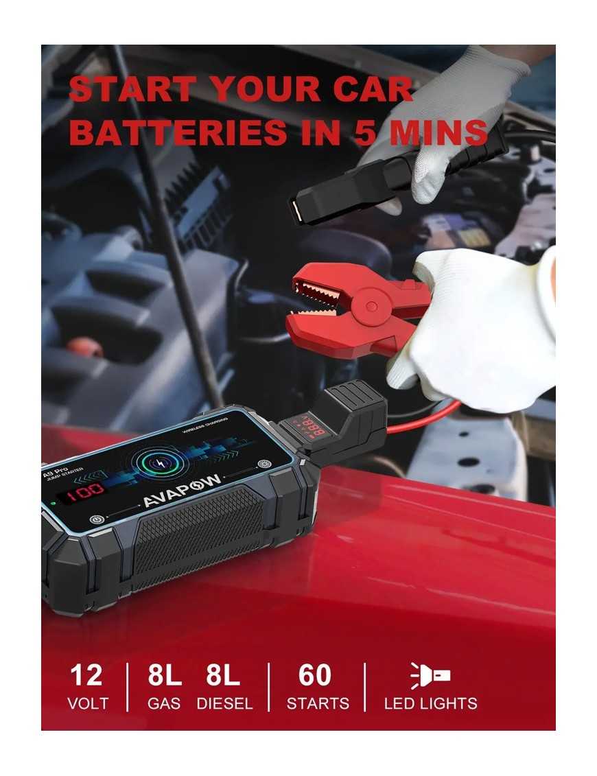 AVAPOW εκκινητής μπαταρίας αυτοκινήτου A9 Pro με φακό, 12V/2500A, 16000mAh