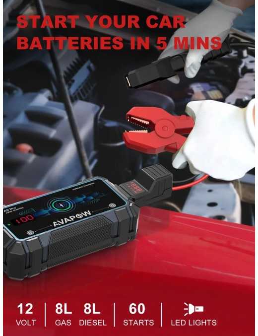 AVAPOW εκκινητής μπαταρίας αυτοκινήτου A9 Pro με φακό, 12V/2500A, 16000mAh