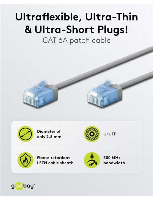 GOOBAY καλώδιο δικτύου 74221, CAT 6A U/UTP, slim, copper, 500MHz, 0.5m, γκρι