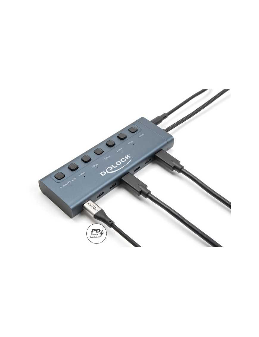DELOCK USB-C hub 63410 με διακόπτες, 7x θυρών, 5Gbps, 20W, USB-C σύνδεση, μπλε