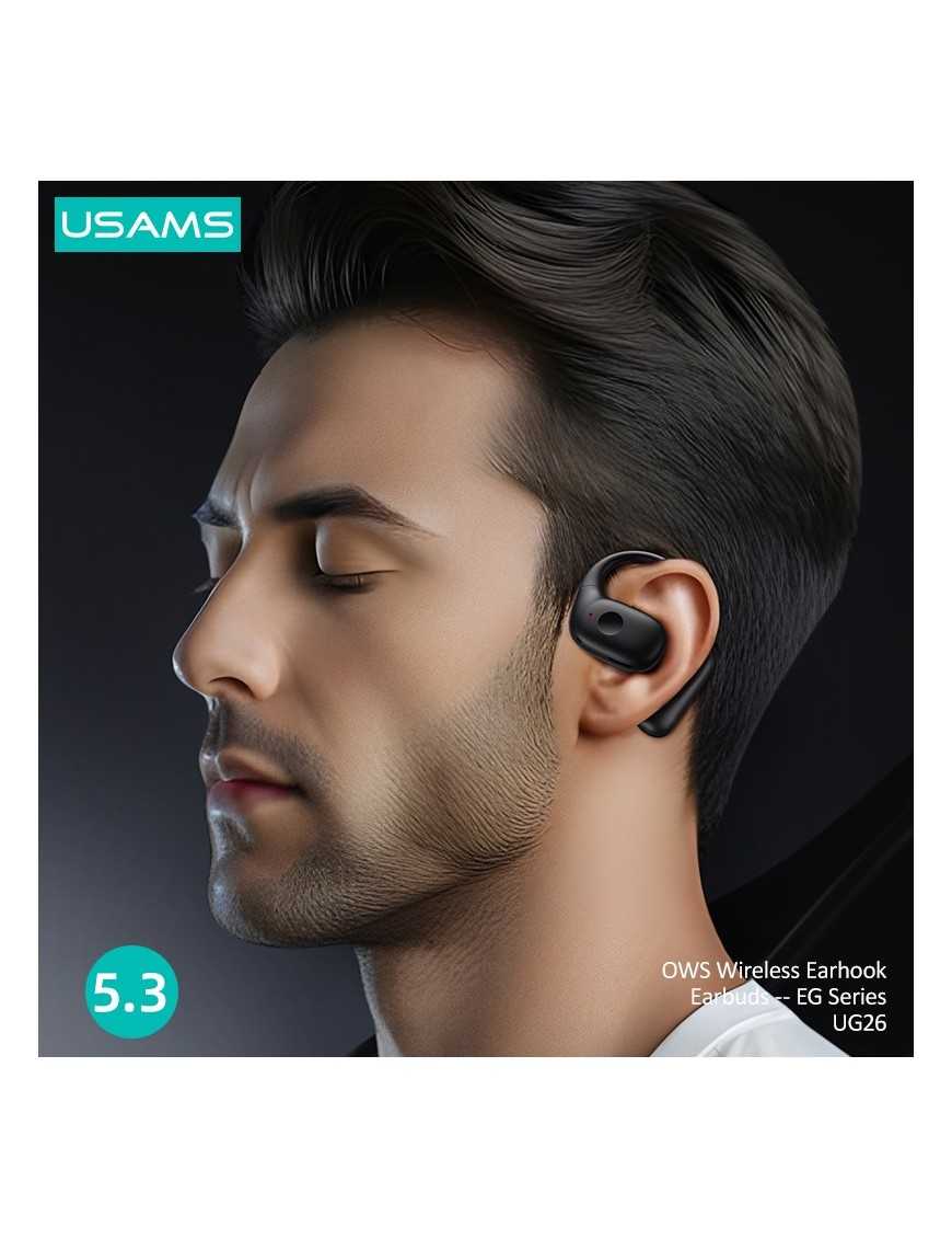 USAMS earphones με θήκη φόρτισης UG26, OWS, Φ14.2mm, 50/300mAh, μαύρα