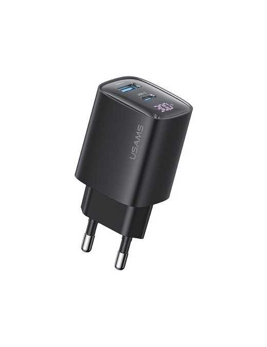 USAMS φορτιστής τοίχου US-CC229, USB & USB-C, 30W, GaN, μαύρος