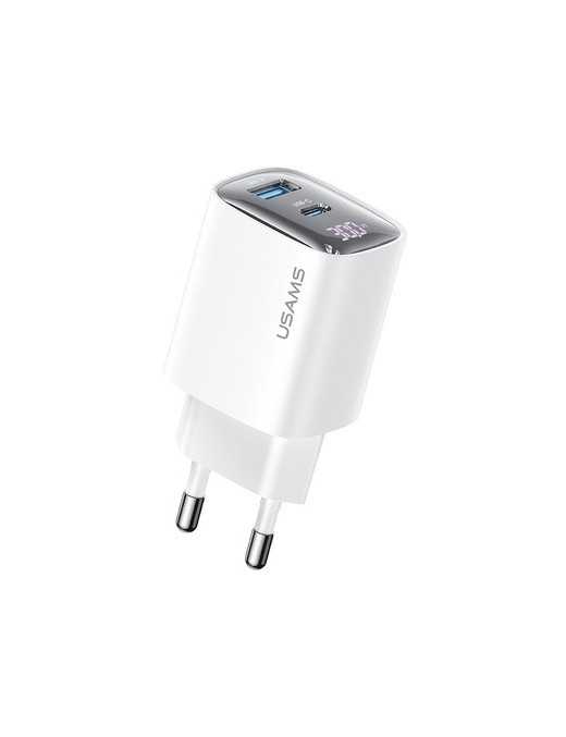 USAMS φορτιστής τοίχου US-CC229, USB & USB-C, 30W, GaN, λευκός