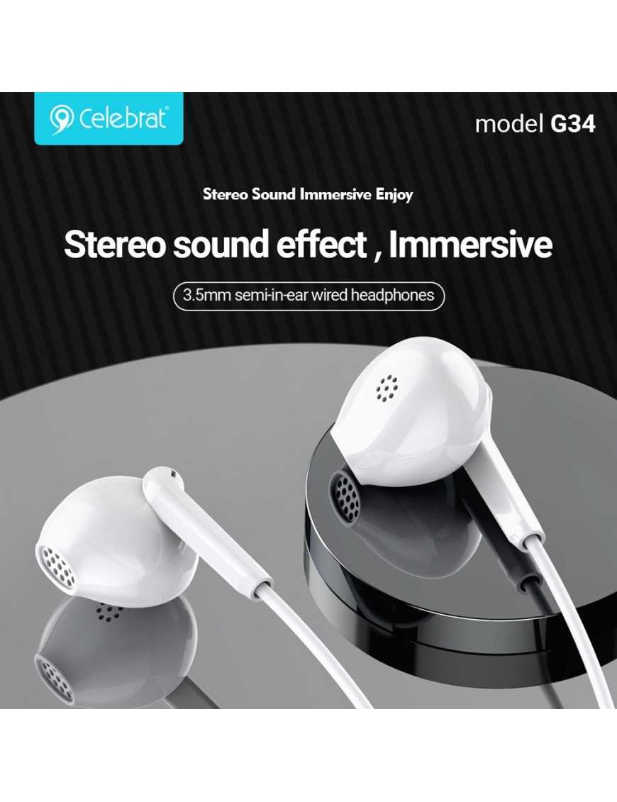 CELEBRAT earphones με μικρόφωνο G34, 3.5mm σύνδεση, 14mm, 1.2m, λευκά