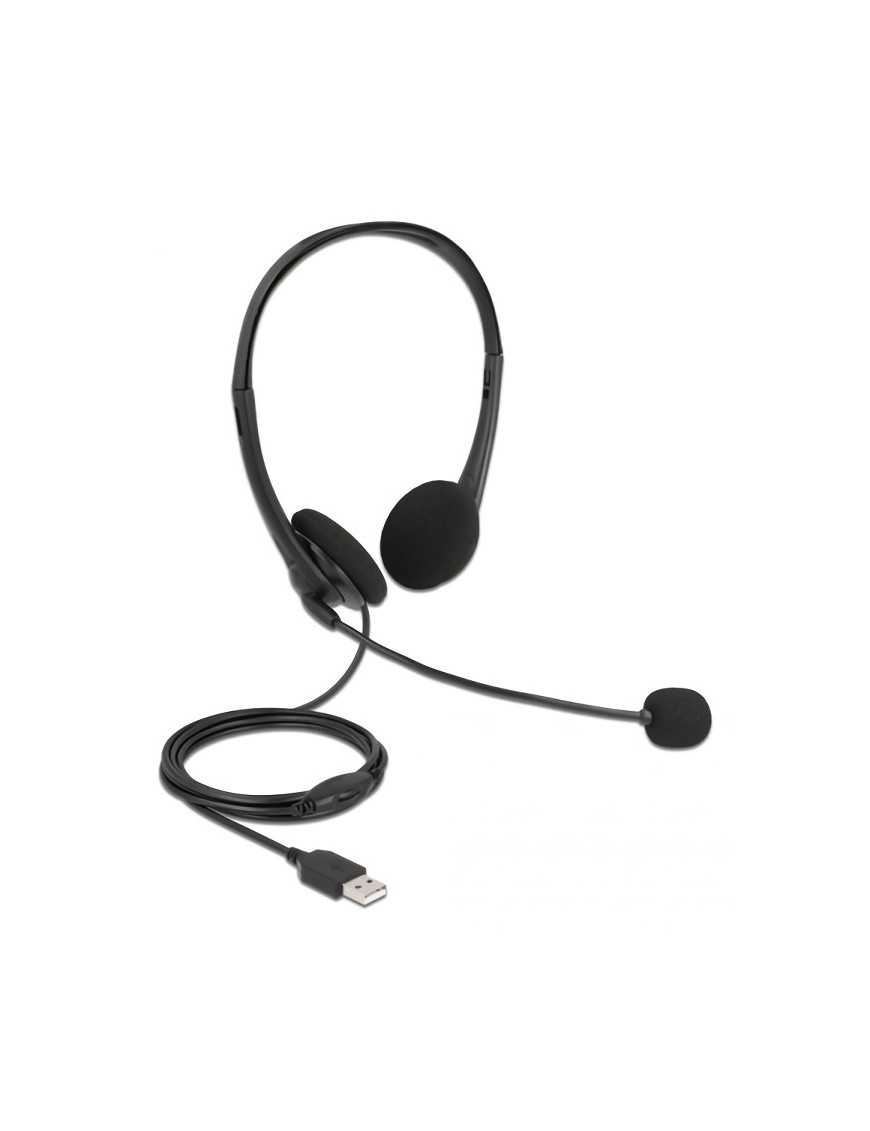 DELOCK headphones με μικρόφωνο 27179, stereo, USB, volume control, μαύρα