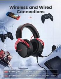 MPOW gaming headset Air 2.4GHz, wireless & wired, mic, μαύρο-κόκκινο