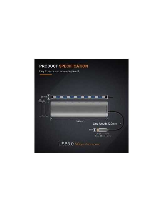 CABLETIME USB-C hub C160, 7x USB, 5Gbps, 0.15m, ασημί