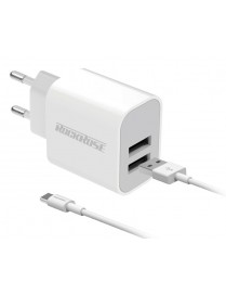 ROCKROSE φορτιστής τοίχου RRTCC02CEU, καλώδιο USB-C, 2x USB 12W, λευκός