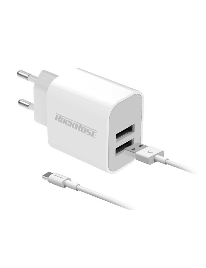 ROCKROSE φορτιστής τοίχου RRTCC02CEU, καλώδιο USB-C, 2x USB 12W, λευκός