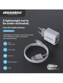 ROCKROSE φορτιστής τοίχου RRTCC02CEU, καλώδιο USB-C, 2x USB 12W, λευκός