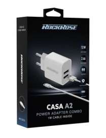 ROCKROSE φορτιστής τοίχου RRTCC02CEU, καλώδιο USB-C, 2x USB 12W, λευκός