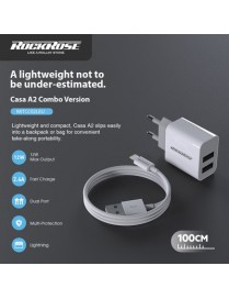 ROCKROSE φορτιστής τοίχου RRTCC02LEU καλώδιο Lightning, 2xUSB 12W, λευκό