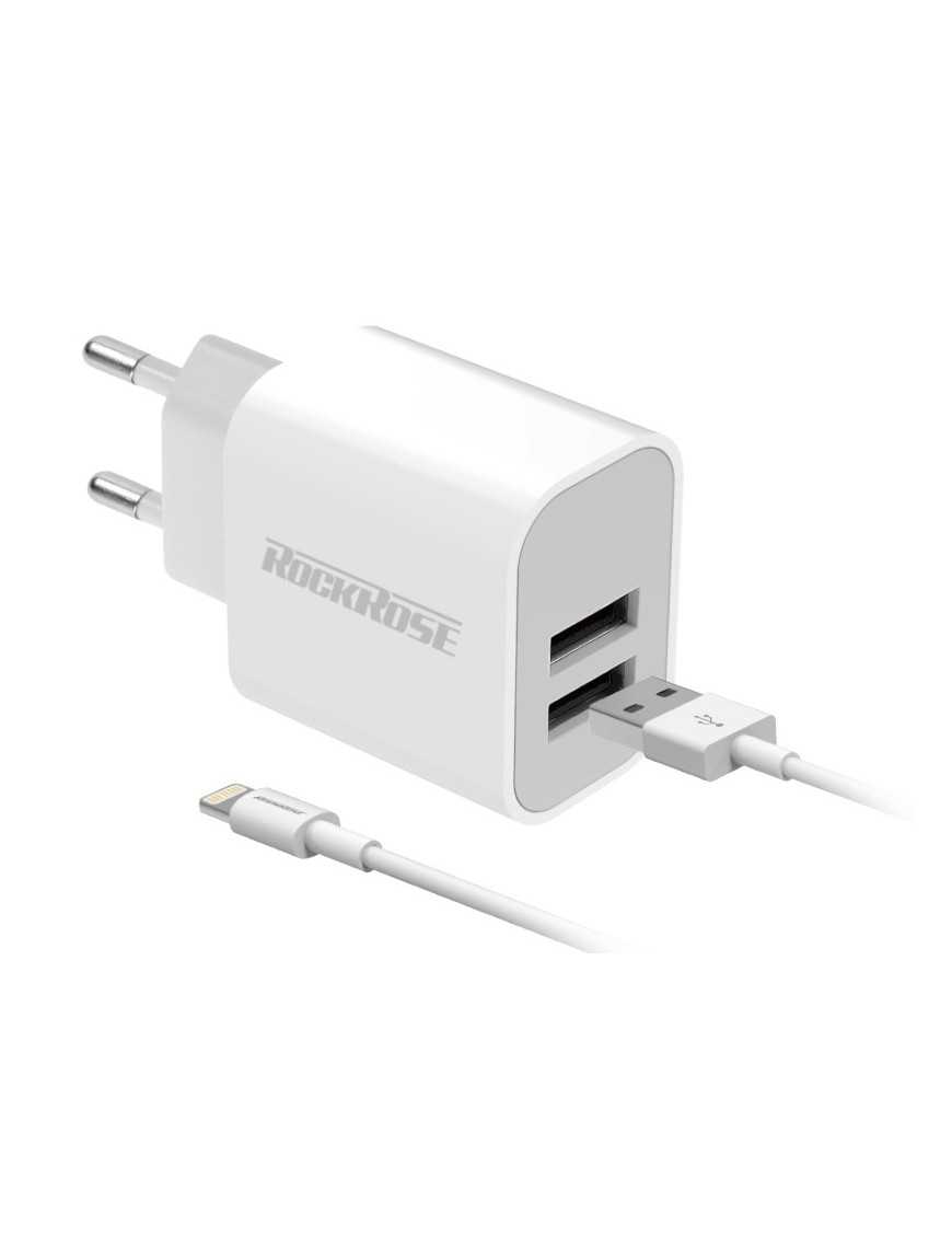 ROCKROSE φορτιστής τοίχου RRTCC02LEU καλώδιο Lightning, 2xUSB 12W, λευκό