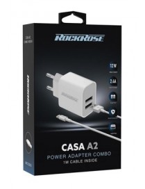 ROCKROSE φορτιστής τοίχου RRTCC02LEU καλώδιο Lightning, 2xUSB 12W, λευκό